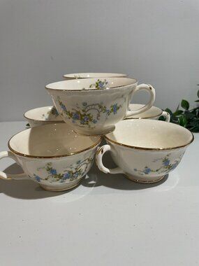Vintage Porcelain Tea Cups With Blue Floral Pattern & Gold Trim  Set Of 6